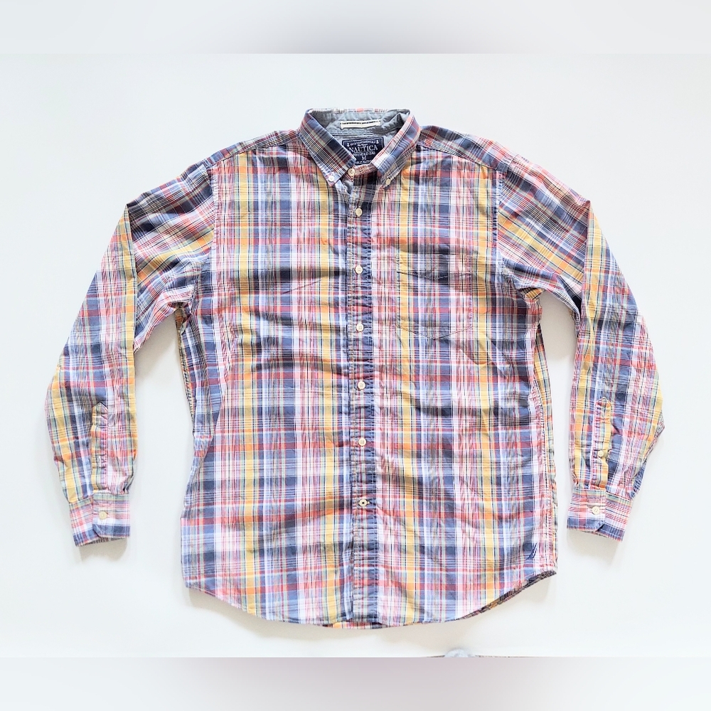 Nautica Mens Multicolor Plaid Button Down Shirt Size Medium 100% Cotton